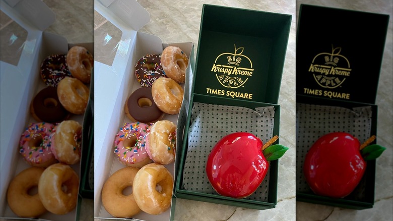 Krispy Kreme's red Big Apple donut in a green souvenir box next to box of mixed Krispy Kreme donuts