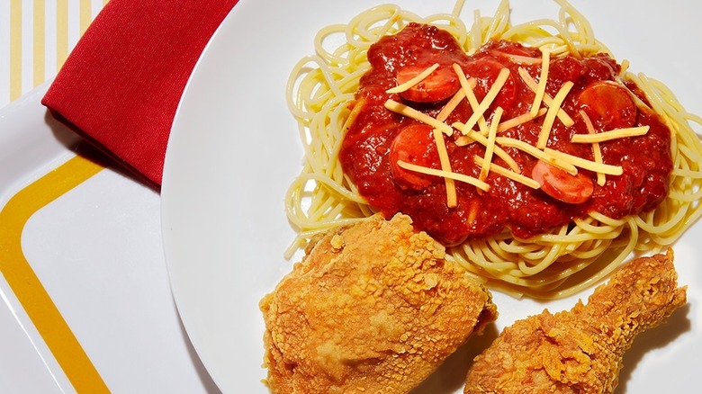 Jollibee's Jolly Spaghetti and fried chicken on a plate