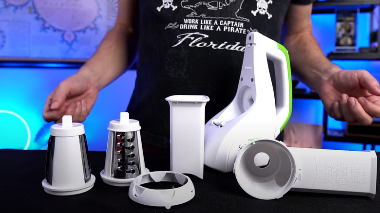 A Presto SaladShooter, displayed on a countertop, with all its parts laid out
