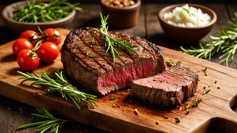 Grilled sirloin steak with tomatoes and herbs