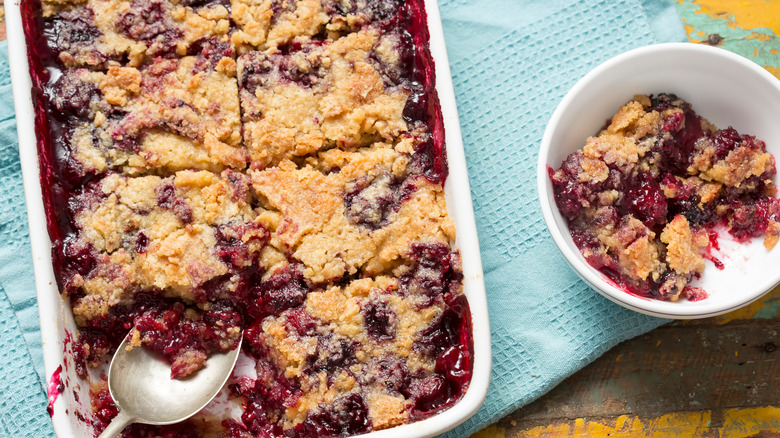 blueberry dump cake served in bowl