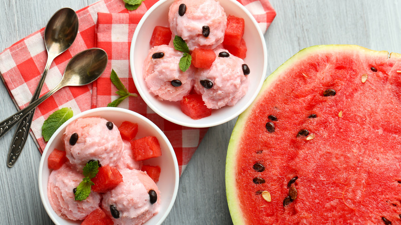 watermelon sherbet garnished with mint