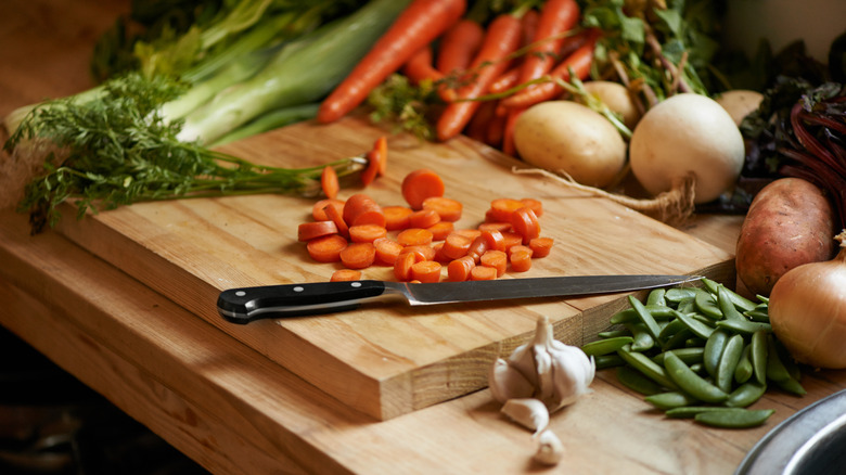 Chopped carrots on cutting board