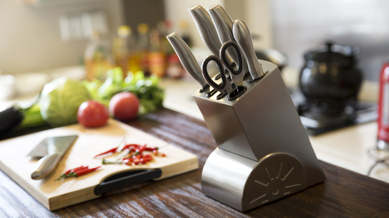 Steel knife block on kitchen counter