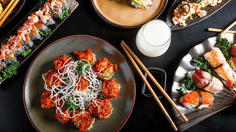 sushi and chopsticks on a table