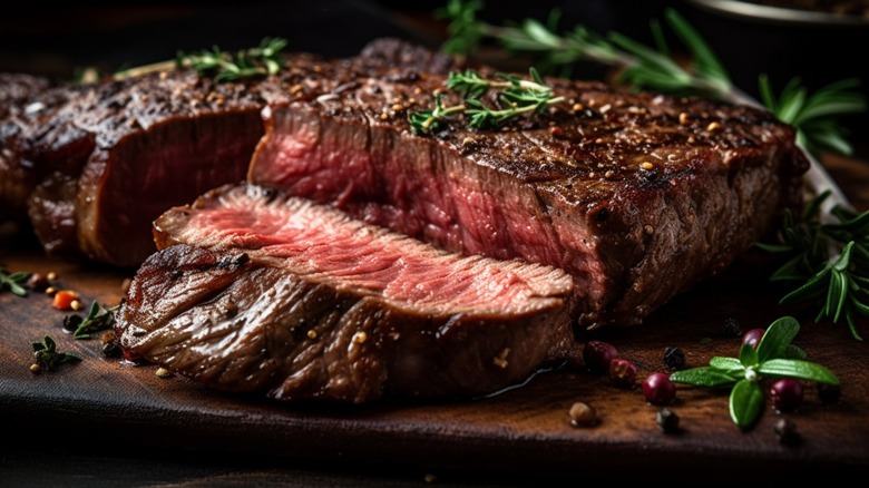 steak on cutting board topped with herbs and spices