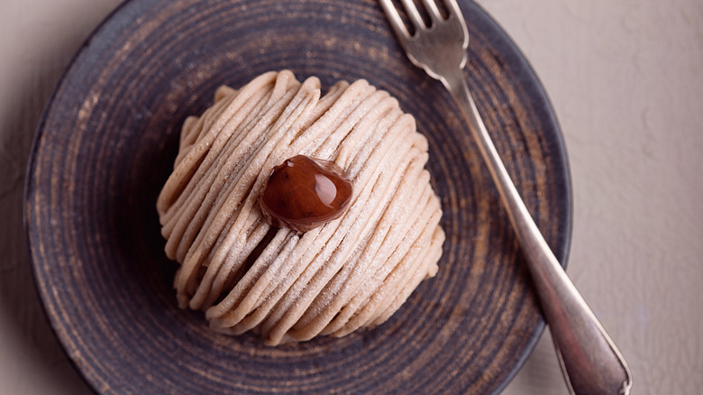 Mont Blanc dessert on plate with fork