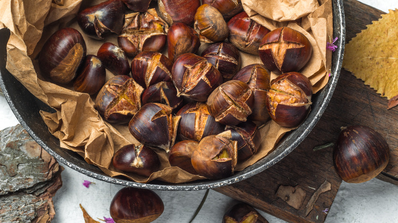 Roasted chestnuts in a pan