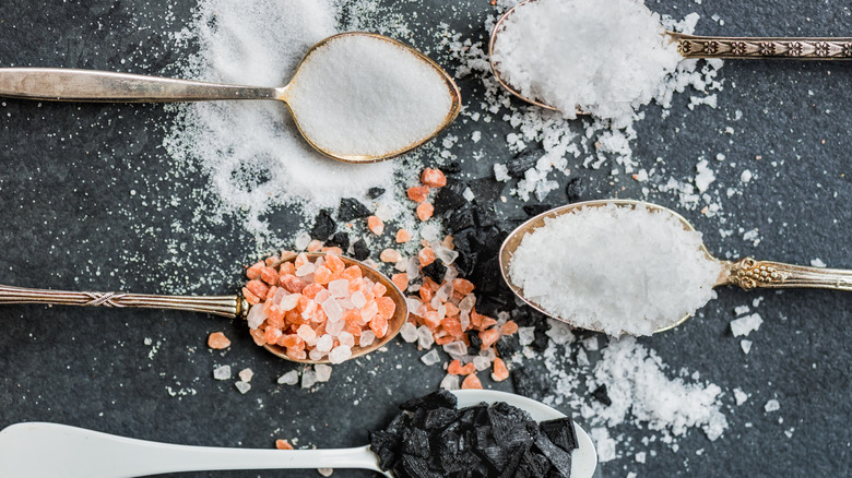 Five spoons each holding different varieties of salt on a black background