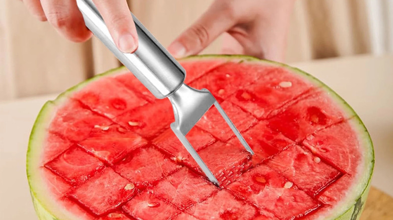 Freshly cut cubes of watermelon with the Walmart tool