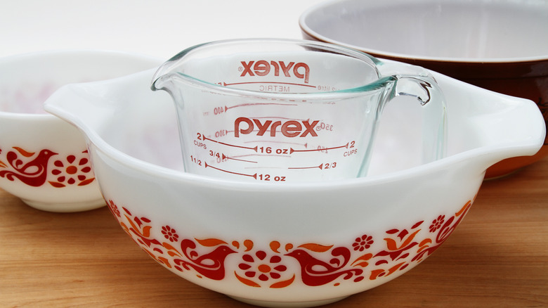 Vintage dishes with a Pyrex measuring glass inside.
