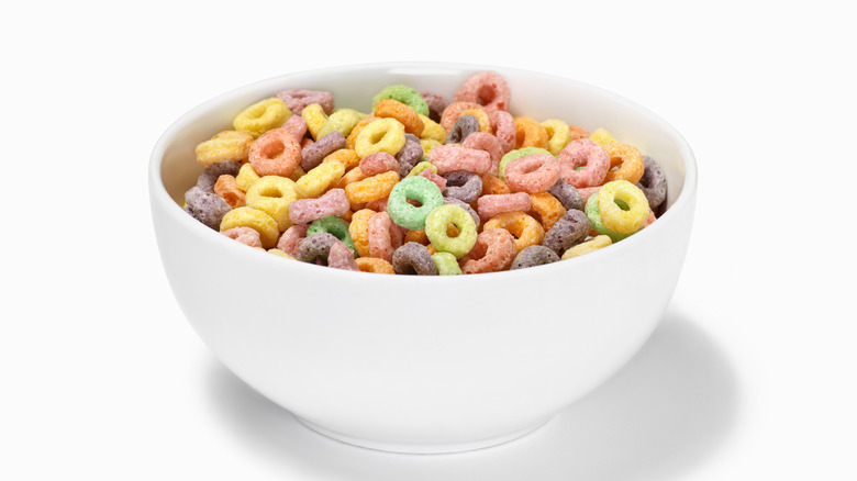 bowl of fruit-colored cereal loops