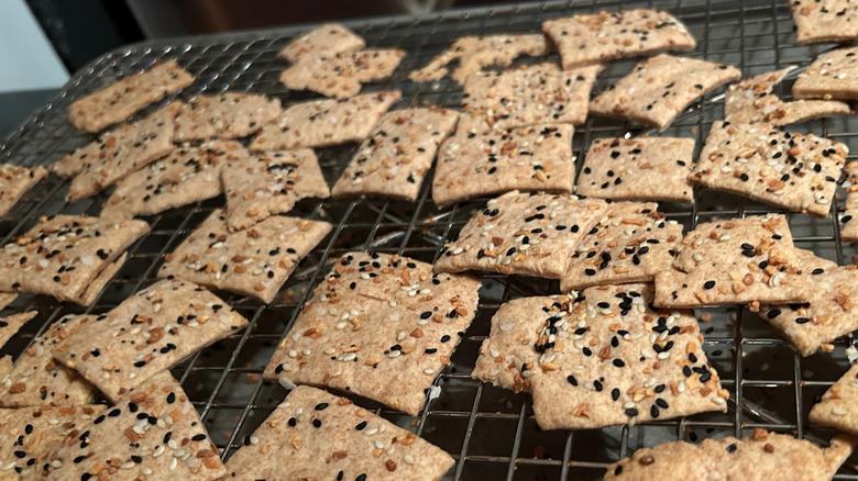 tray of homemade salted crackers on drying rack