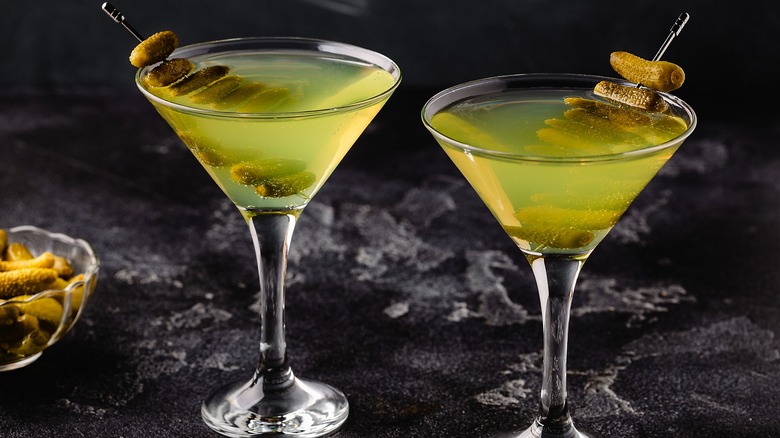 Two pickle brine martinis