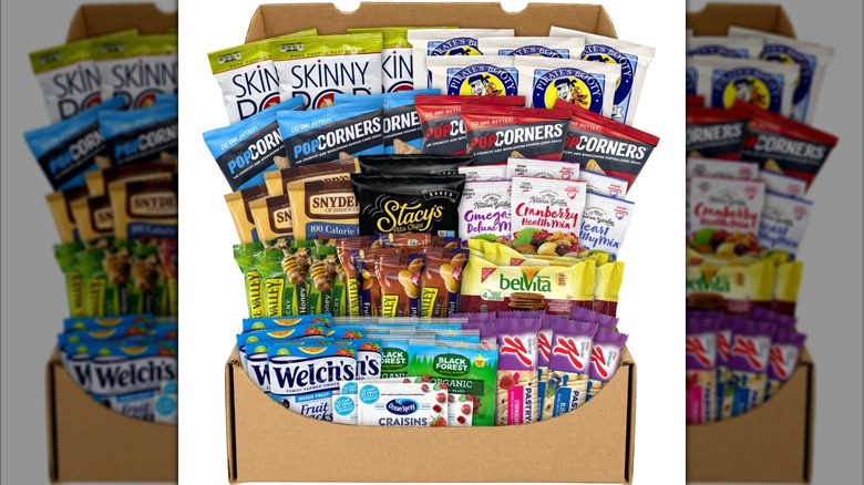 An open Healthy Snack Box from Costco, filled with various goodies