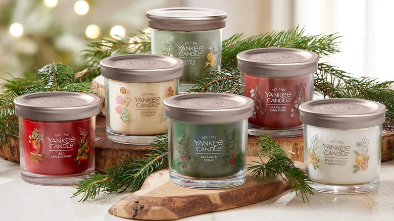 Six Yankee Small Tumbler Candles sit on tree limb slices amid pine boughs