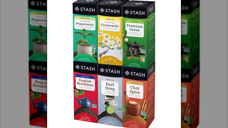 Boxes containing various flavors of tea are grouped together