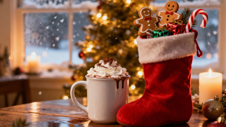 A festive cup of hot chocolate sits next to a Chrsitmas stocking stuffed with goodies