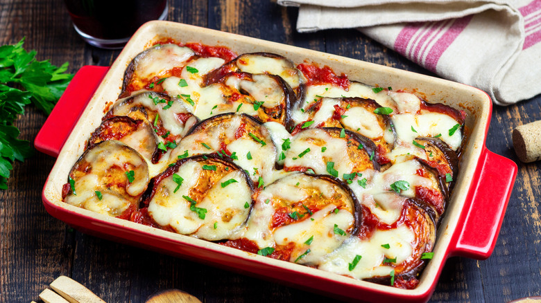 Eggplant parmesan served in a rectangle baking dish