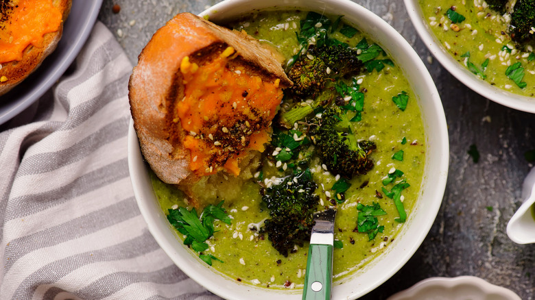 Roasted broccoli soup with cheesy bread.