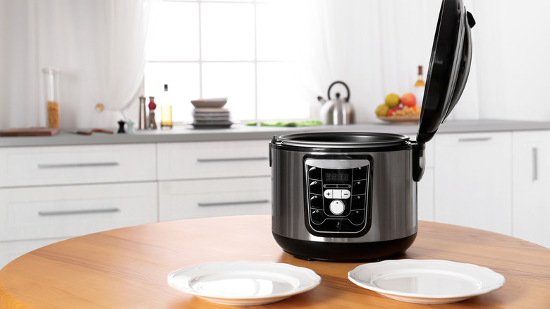 Multi cooker and white plates