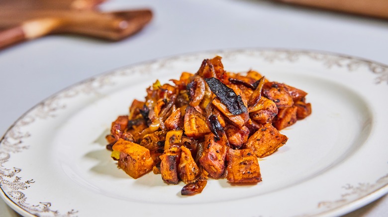Roasted sweet potatoes slightly charred