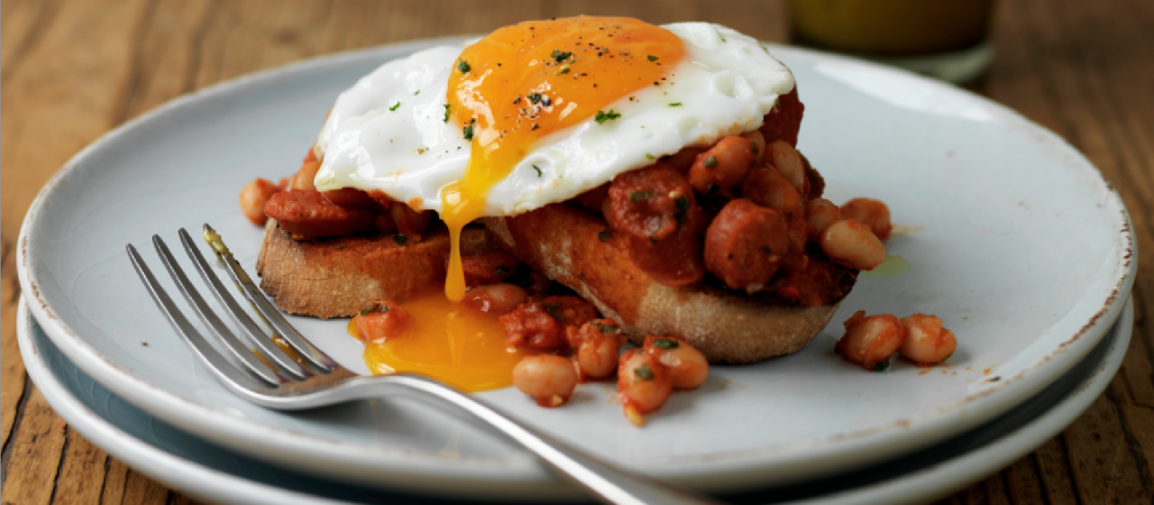 Spicy Beans And Pepperoni On Toast With Fried Eggs Recipe Food Republic