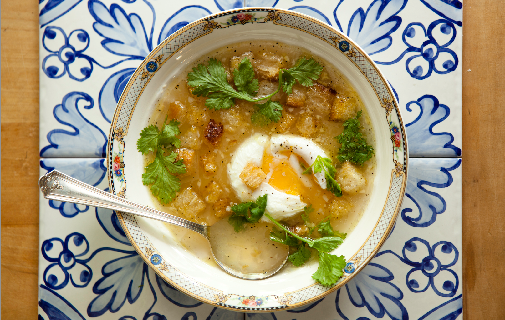 Garlic And Cilantro Soup With Poached Eggs And Croutons Recipe Food