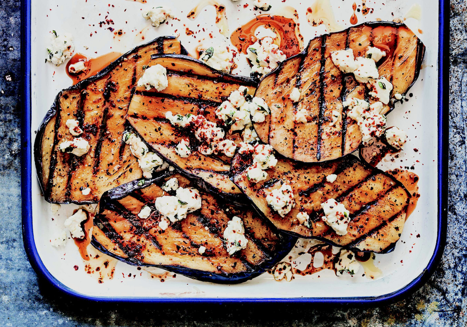Grilled Eggplant With Feta And Pomegranate Molasses Recipe Food Republic