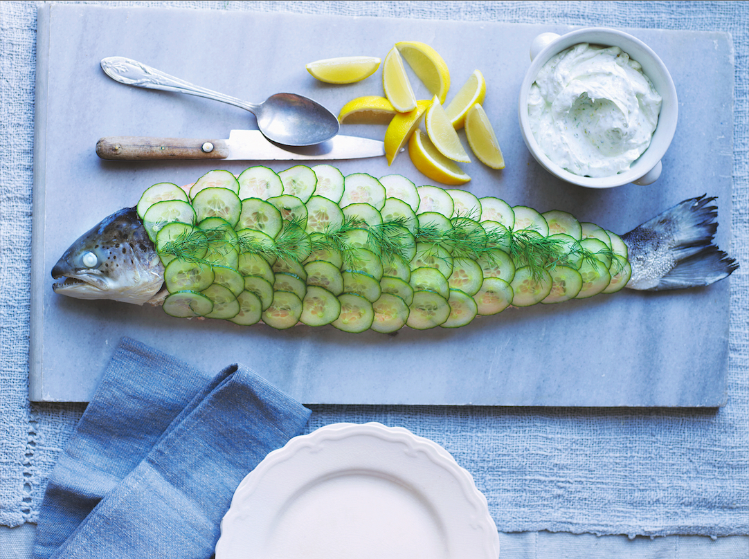 poached whole salmon with pistachio yogurt