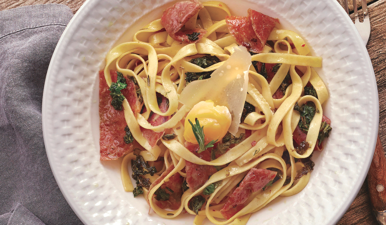 Fresh Fettuccine With Salami, Kale And Egg Yolk - Food Republic