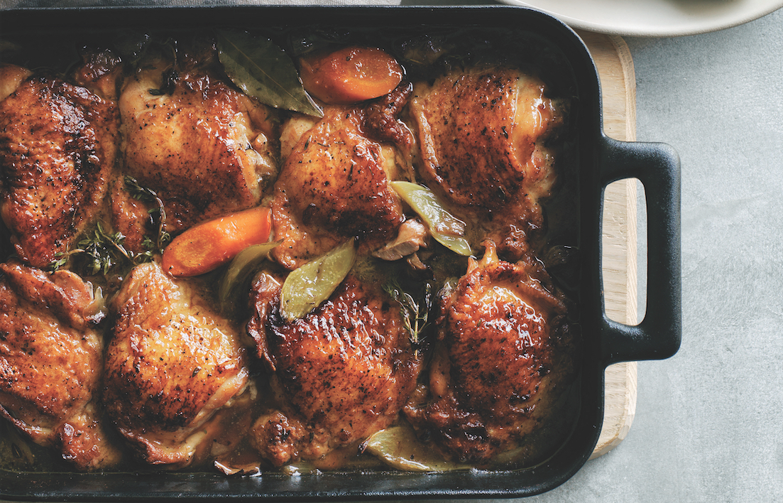 Porcini Braised Chicken Thighs, Naomi Pomeroy Style