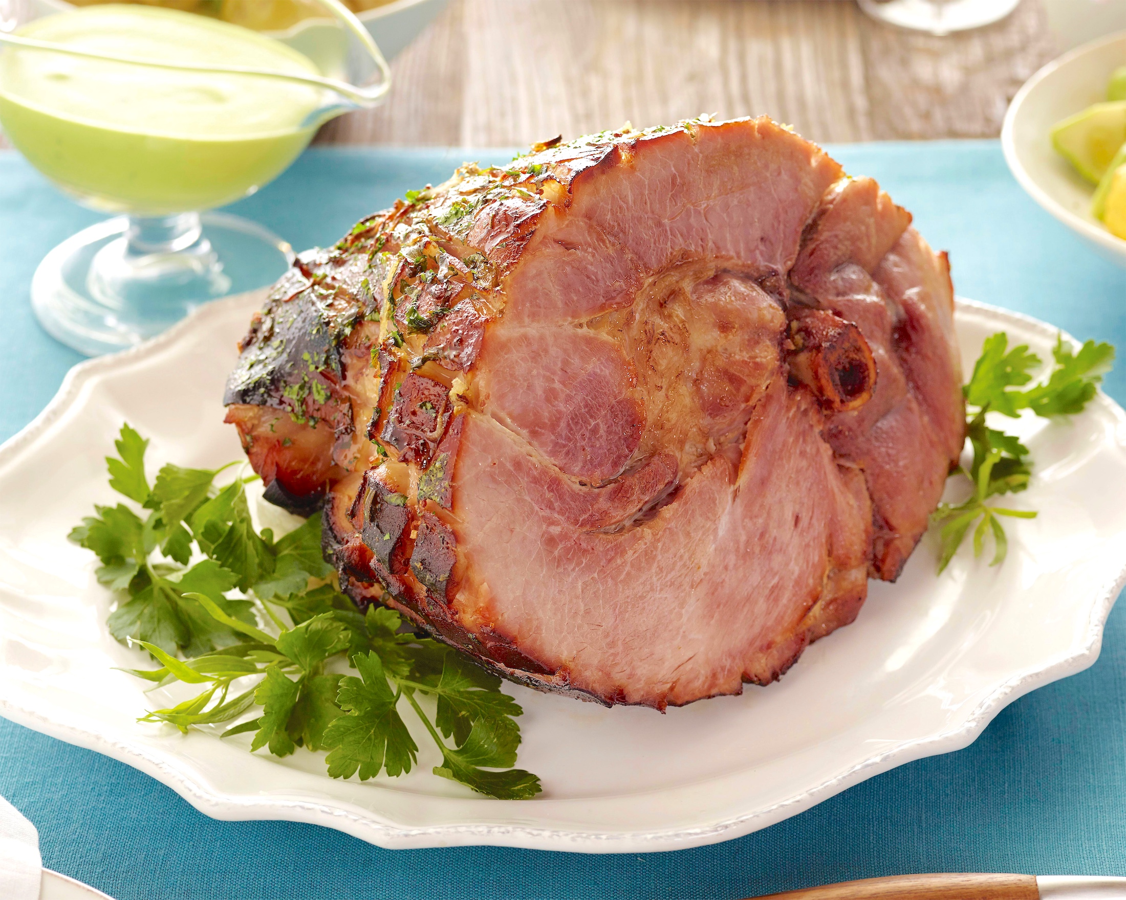 Roast Ham With Herbs And Creamy Asparagus Sauce