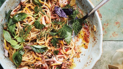 pasta with crispy squid