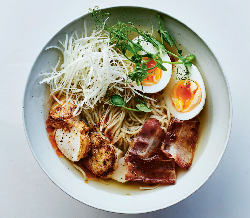 Japaneasy Ramen With Scallops, Bacon And Eggs